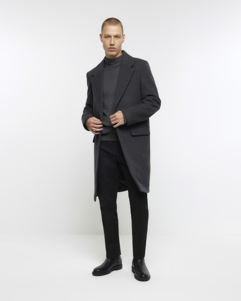 Grey regular fit wool blend longline coat