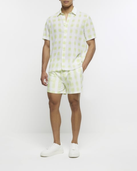 Green regular fit gingham crinkle shirt