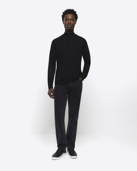 Black slim fit knitted quarter zip jumper
