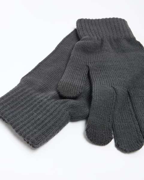 Grey knitted touch screen gloves