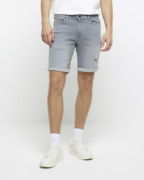 Grey skinny fit ripped denim shorts