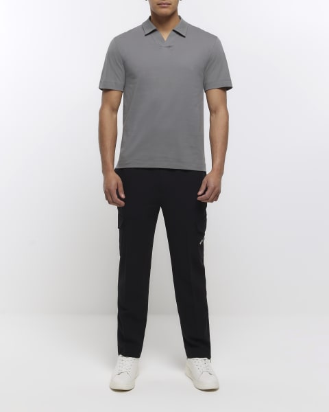 Grey slim fit open neck polo shirt