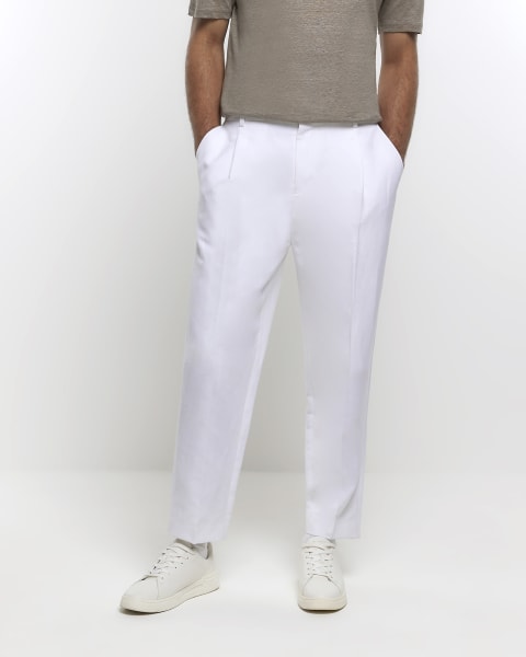 White tapered fit linen blend trousers