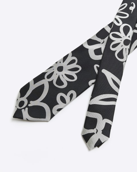 Black floral print tie