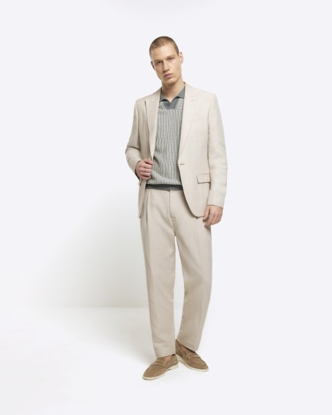 Stone slim fit linen blend suit jacket