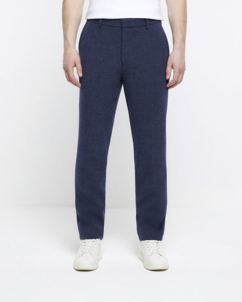 Navy slim fit textured smart trousers