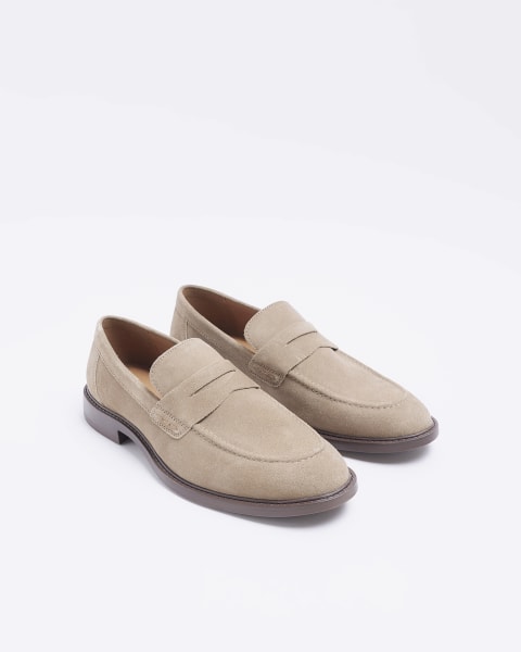 Stone suede penny loafers