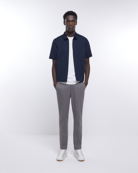 Navy slim fit short sleeve zip up shacket