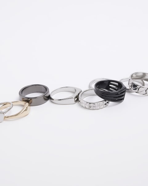Silver colour multipack of 9 chunky rings