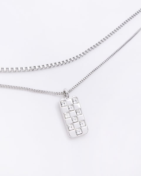 Silver colour diamante detail tag necklace