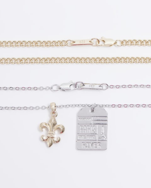 Silver colour tag multirow necklace