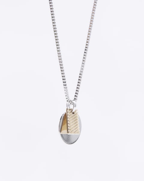 Silver colour tag and disc necklace