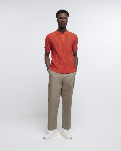 Orange slim fit waffle knit polo shirt