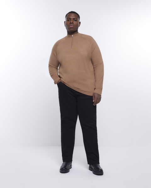 Big & Tall brown slim fit zip knitted jumper