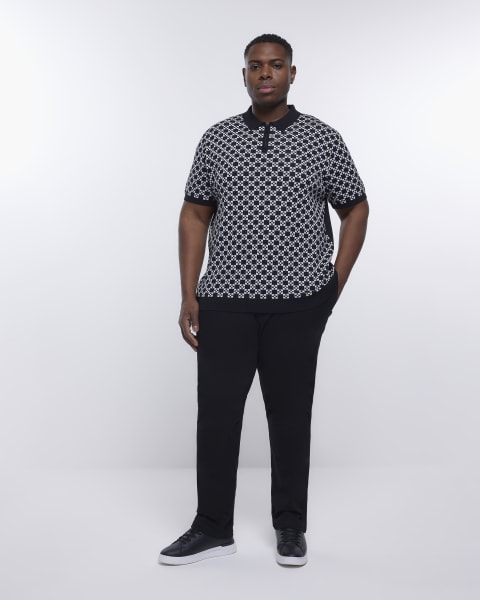 Big & Tall black slim fit geometric zip polo
