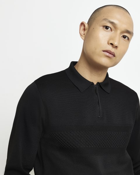 Black slim fit knitted long sleeve polo shirt