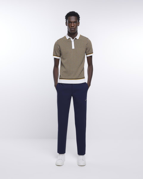 Yellow slim fit check knitted polo shirt