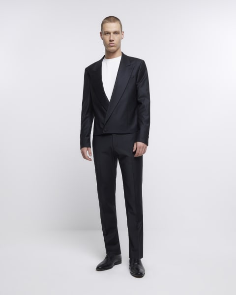 Black slim fit wool premium crop suit jacket