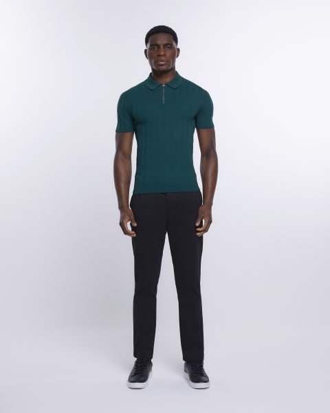Green muscle fit ribbed polo shirt
