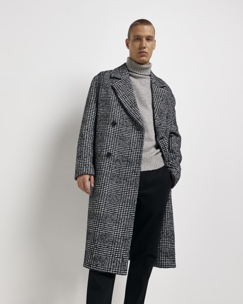 Grey regular fit check wool blend overcoat