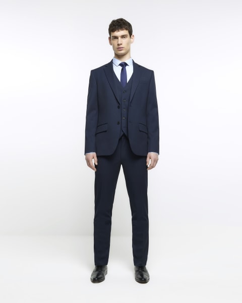 Navy skinny fit herringbone waistcoat