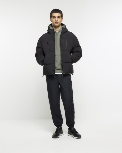 Black hooded puffer jacket