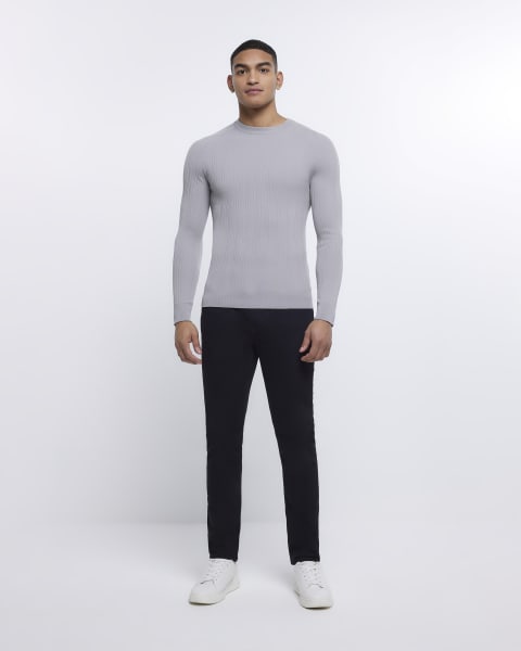 Grey Muscle fit Ribbed crew neck jumper