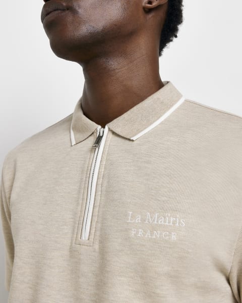 Ecru slim fit embroidered short sleeve polo