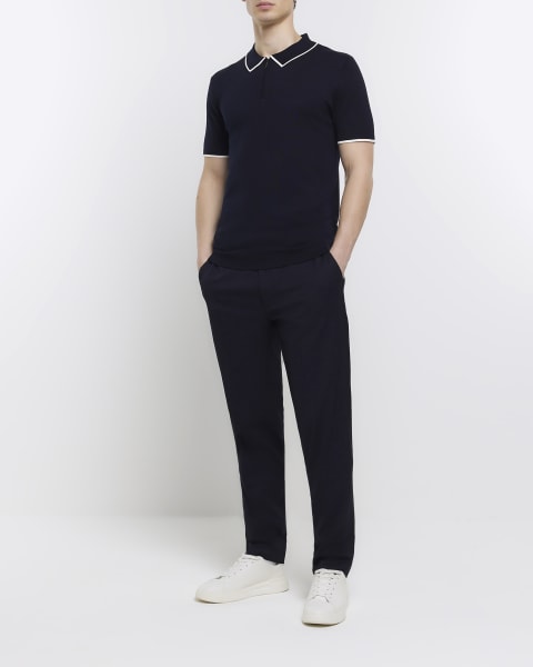 Navy Slim fit knitted Polo shirt