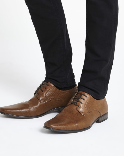 Brown wide fit faux leather derby shoes