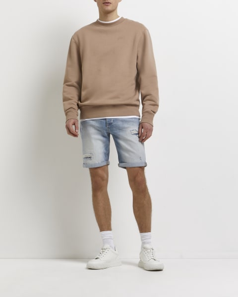 Blue slim fit ripped denim shorts