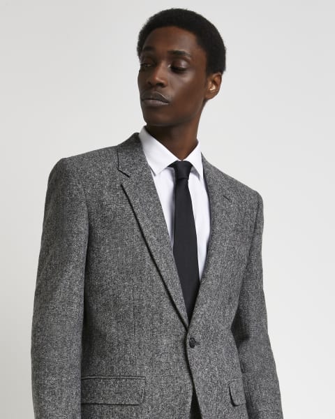 Grey slim fit textured check suit jacket