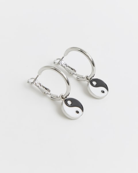 Silver colour yin and yang hoop earrings