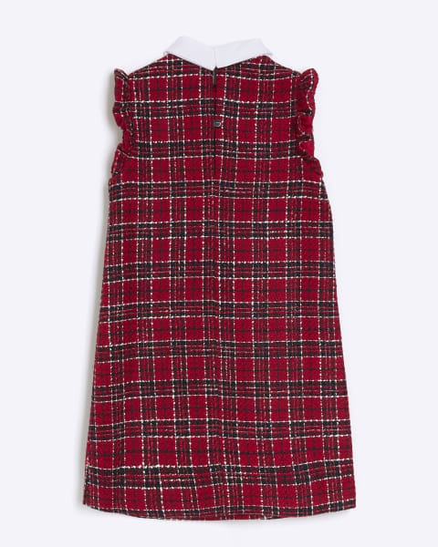 Girls red boucle check collared shift dress