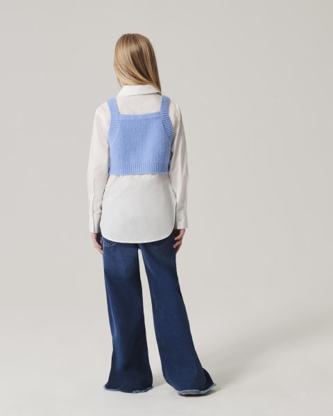 Girls Blue Embellished Knit Top and Shirt Set