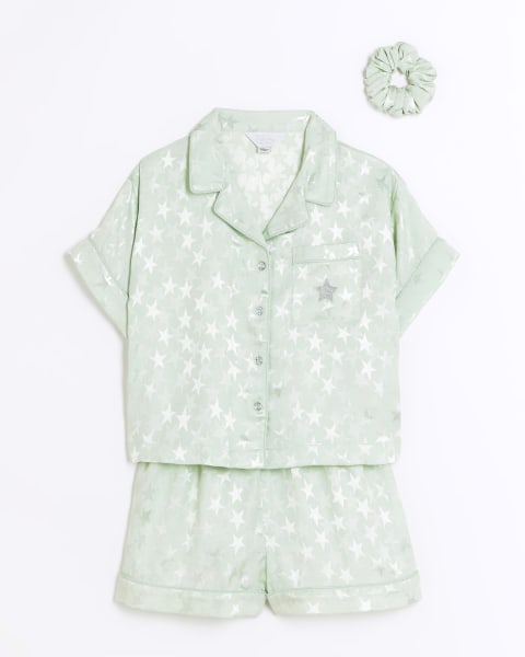 Girls green star satin shorts pyjama set