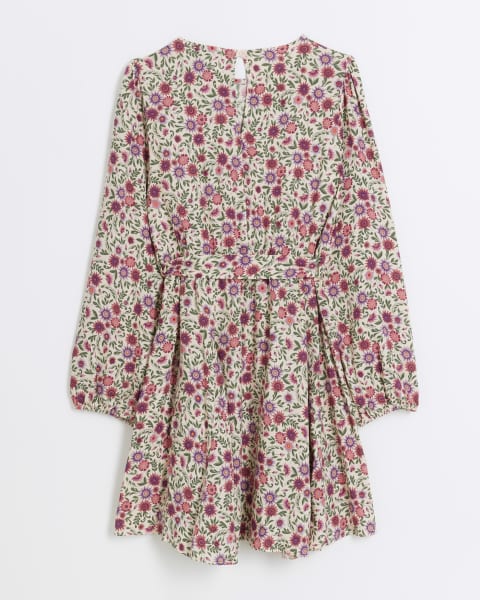 Girls pink daisy floral belted dress