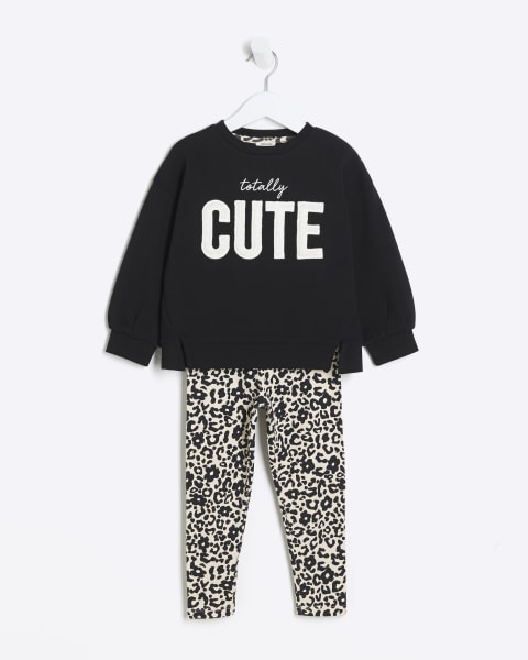 Mini girls black faux fur sweatshirt set