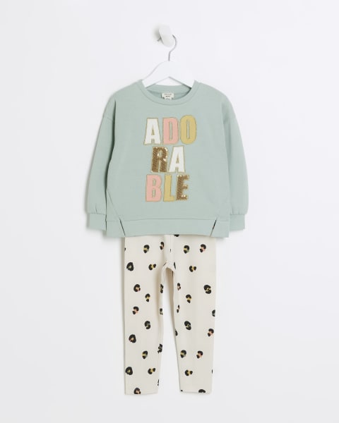 Mini girls khaki embroidered sweatshirt set