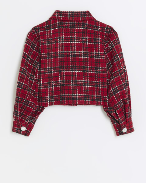 Girls red boucle check crop blazer