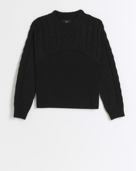 Girls black knitted crop jumper and vest set