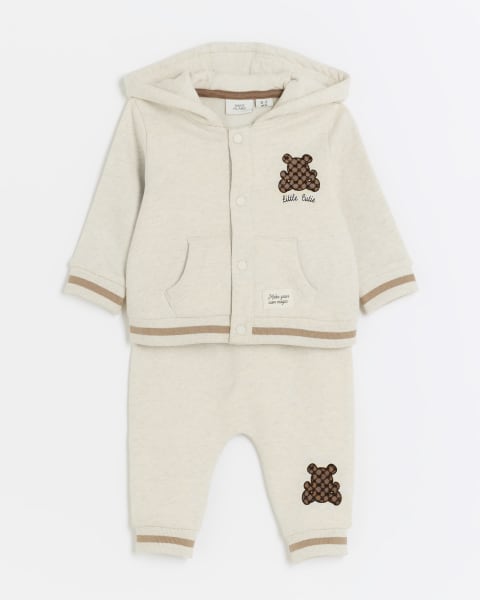 Baby boys cream bear bomber hooded top set