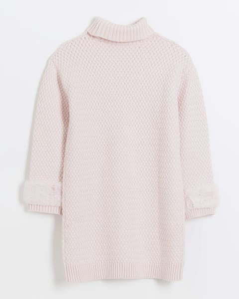 Girls Pink Faux Fur Trim Knitted Jumper Dress