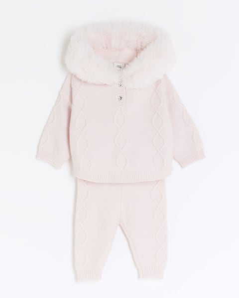 Baby Girls Pink Hooded Knit Poncho Set