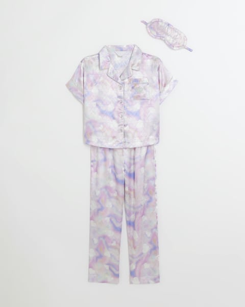 Girls purple tie dye heart satin pyjama set