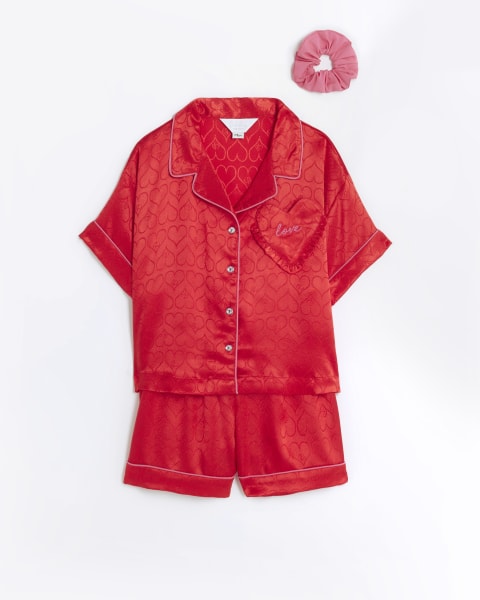 Girls red heart jacquard pyjama set