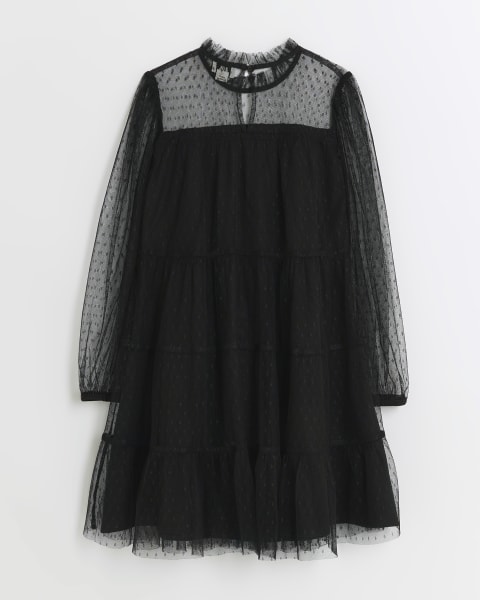 Girls black mesh embellished tiered dress