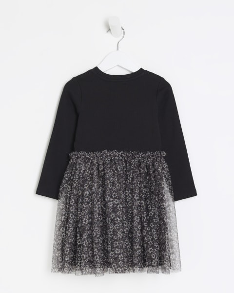 Mini girls black floral skater dress