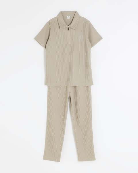 Boys grey plisse polo and joggers set