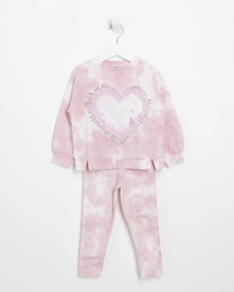 Mini Girls Pink Heart Tie Dye Sweat Outfit